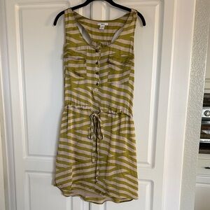 Screw neckline Olive Stripe Sleeveless Drawstring Dress
